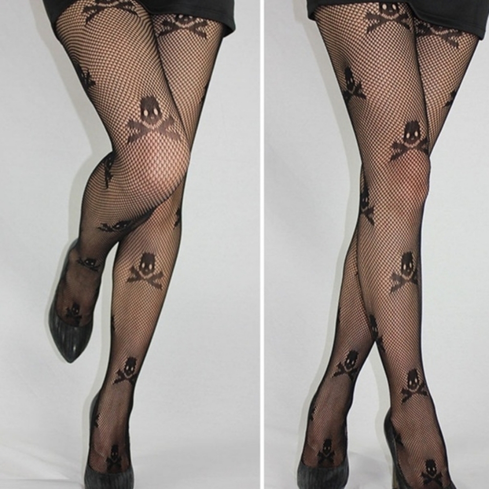 Skull & Crossbones Fishnet Hose Black OSFM - Picture 2 of 6